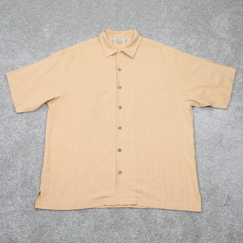 Tommy Bahama Camp Shirt‎ Mens Large Loop Collar Orange 100% Silk S/S Hawaiian